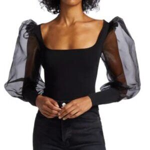 Alice + Olivia NWT Black Abella Sheer Puff-Sleeve Top - Size M
